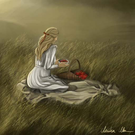 girl in a white Victorian dress, with a red ribbon in her hair, sitting on brownish grass, eating strawberries