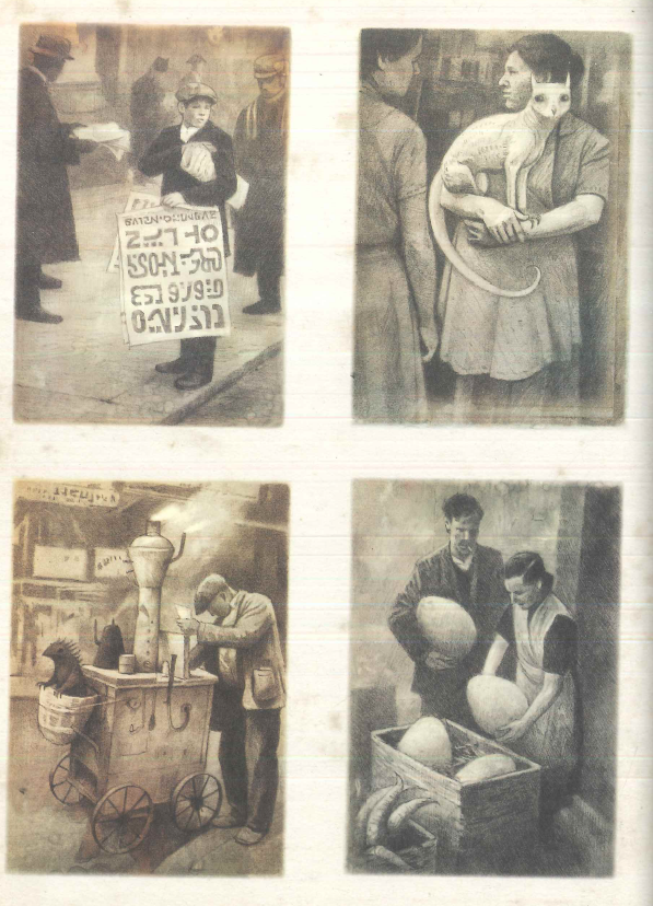 four panels showing a newspaper boy with a newspaper in a strange language, a housewife with a strange pet, a strange vending wagon, and two people handling giant eggs