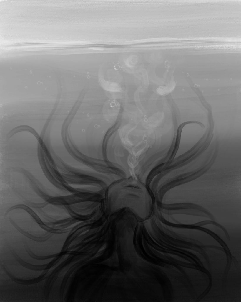 Ein riesiger Frauenkopf unter Wasser, die Haare sehen aus wie Tentakel, aus dem Mund entweichen Luftblasen. Illustriert von Anika Klose.