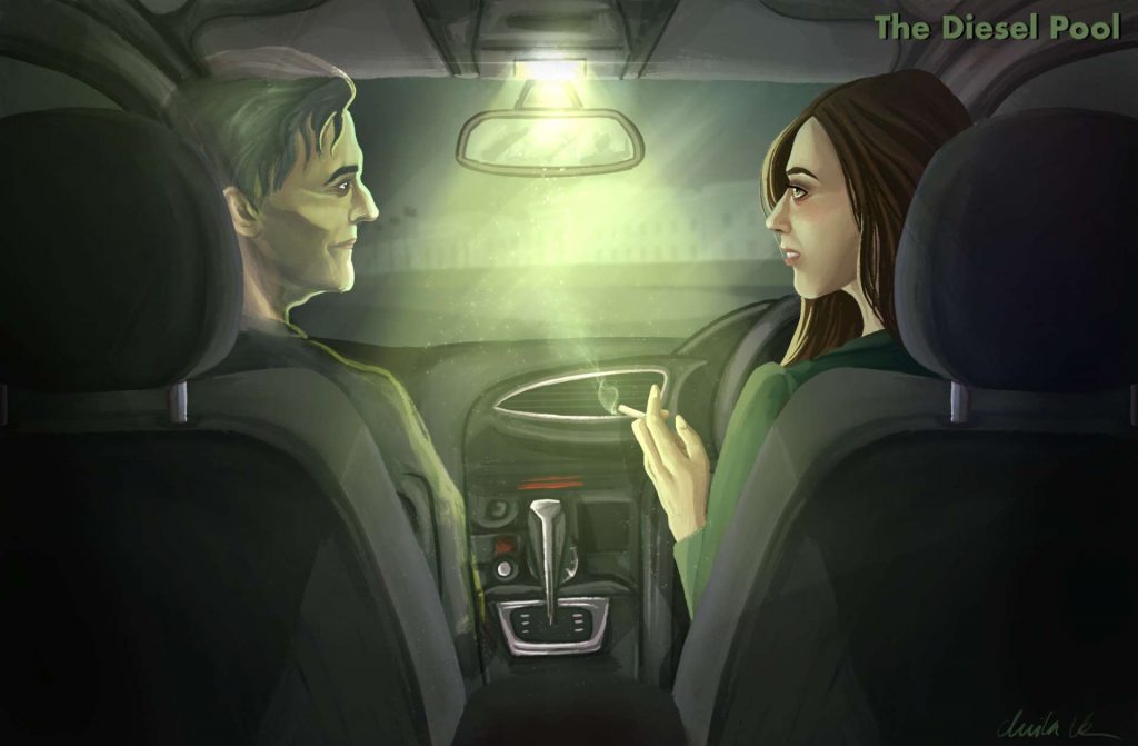 Ein Mann und eine Frau sitzen bei Nacht in einem Auto. Die Frau raucht, der Mann ist leicht durchsichtig; er ist ein Geist. Illustriert von Anika Klose
