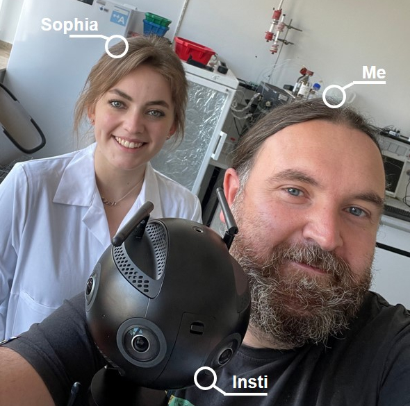 VR content creation – Sophia myself and our 360° VR camera in the lab